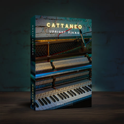 CATTANEO Upright Piano Kontakt cover – intimate upright piano with human and claviharp layers, swells, distortion, tape waggle; ideal for indie/pop and introspective scoring