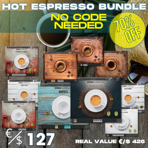 Hot Espresso Bundle promotional cover — 7 Double Espresso Kontakt instruments + 3 Caffè Antico Kontakt instruments in one pack, featuring articulations, textures, phrases and creative sound design tools