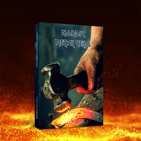 NORDIC METAL CELLO Expansion for the Nørdic Cello Kontakt instrument cover featuring close-up of a hammer forging a sword amidst fire — designed for powerful, aggressive, nordic metal sounds