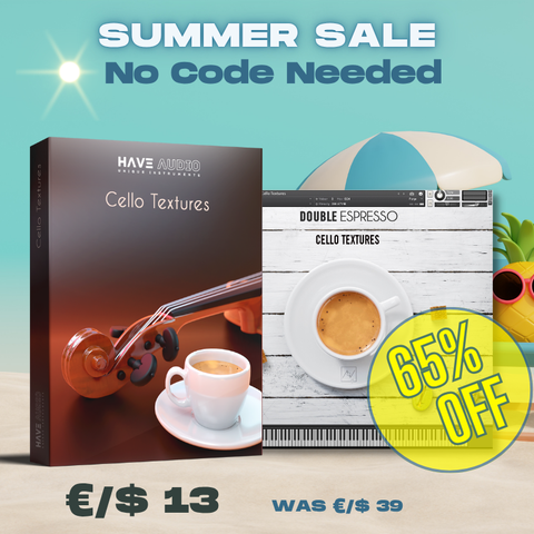 Cello Textures instrument artwork with promotional text: Summer Sale - €/$ 13 Only.