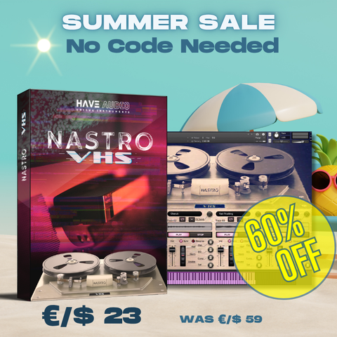 Have Audio Nastro VHS product packaging with a summer sale promotion on a blue background. Summer Sale - €/$ 23 Only.