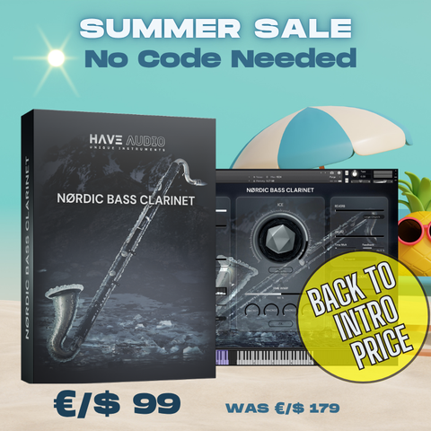 Have Audio Nordic Bass Clarinet instrument packaging on a beach-themed background. Back to Intro Price for Summer Sale - no code needed.