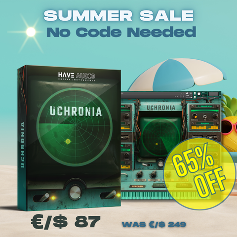 HAVE AUDIO Uchronia software package with summer sale promotion on a beach-themed background. Summer Sale - €/$ 87 Only.