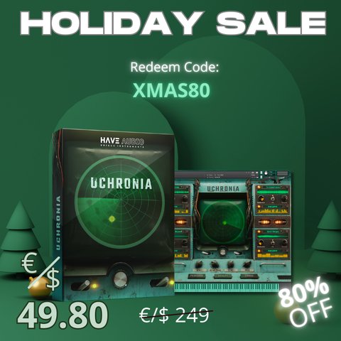 Xmas promotional graphic with Uchronia packaging and 80% discount details: redeem code XMAS80