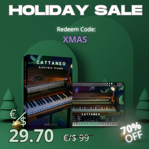Xmas promotional graphic for Cattaneo electric piano instrument with a discount code and 70% price reduction. Redeem Code: XMAS