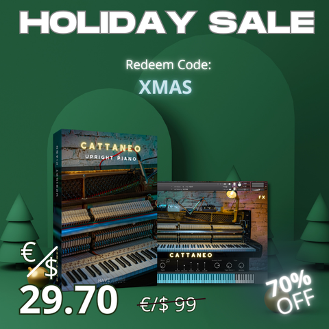 Holiday Sale promotional graphic with Cattaneo Upright Piano packaging and 70% discount details: redeem code XMAS