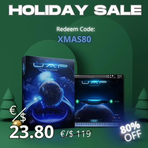Xmas promotional graphic with UAP Unique Audio Plugin packaging and 80% discount details: redeem code XMAS80