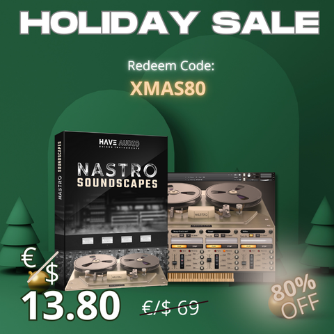 Xmas promotional graphic with NASTRO Soundscapes packaging and 80% discount details: redeem code XMAS80