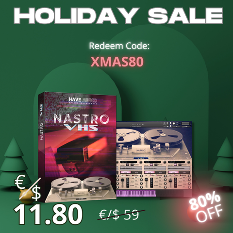 Holiday Sale promotional graphic with Nastro VHS packaging and 80% discount details. Redeem Code: XMAS80