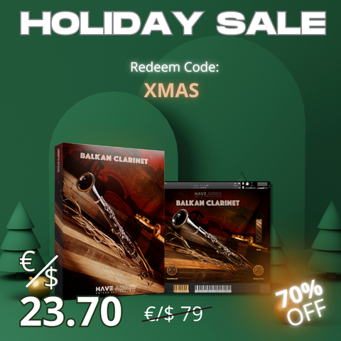 Xmas promotional graphic with Balkan Clarinet packaging and 70% discount details: redeem code XMAS