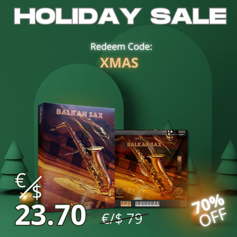 Xmas promotional graphic with Balkan Sax packaging and 70% discount details: redeem code XMAS