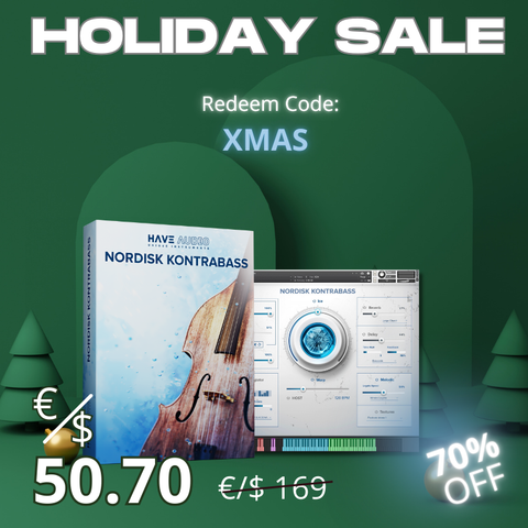 Xmas promotional graphic for Nordisk Kontrabass instrument with a discount code and 70% price reduction. Redeem Code: XMAS