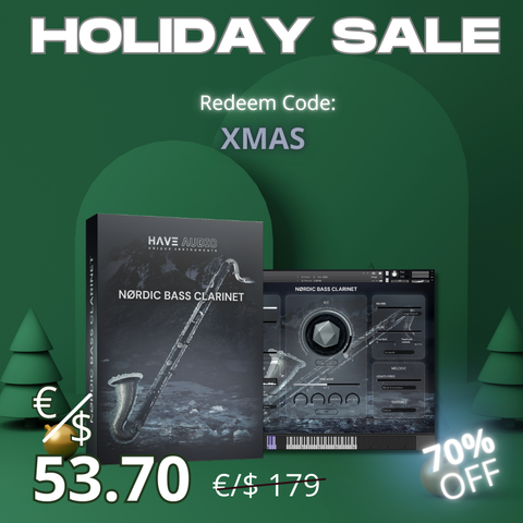 Holiday Sale promotional graphic with Nørdic Bass Clarinet packaging and 70% discount details. Redeem Code: XMAS