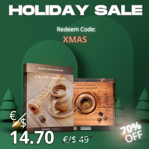  Xmas promotional graphic with Bass Recorder packaging and 70% discount details: redeem code XMAS