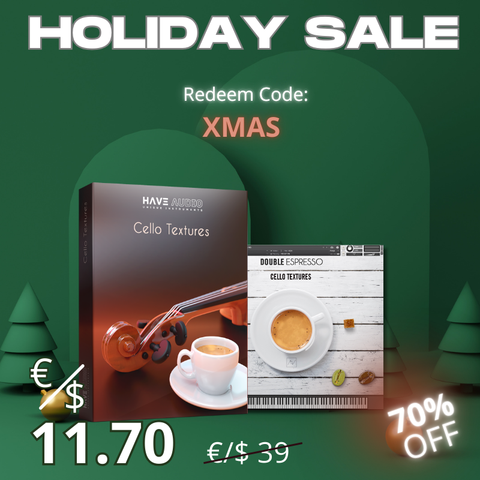 Xmas promotional graphic for Cello Textures Bundle instrument with a discount code and 70% price reduction. Redeem Code: XMAS