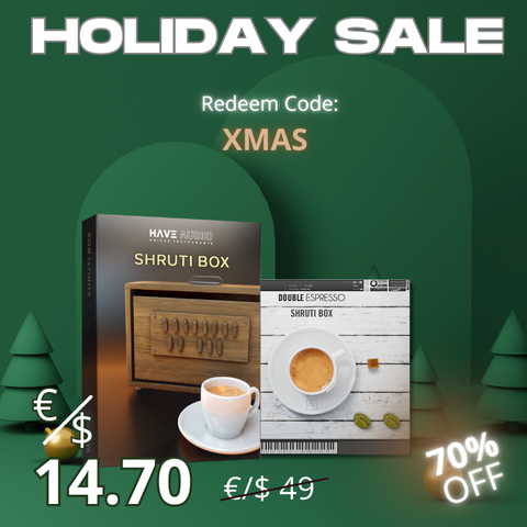 Xmas promotional graphic for Shruti Box Bundle instrument with a discount code and 70% price reduction. Redeem Code: XMAS