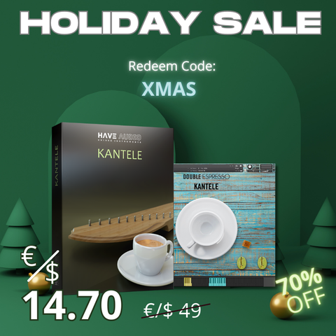 Xmas promotional graphic with Kantele Bundle packaging and 70% discount details: redeem code XMAS