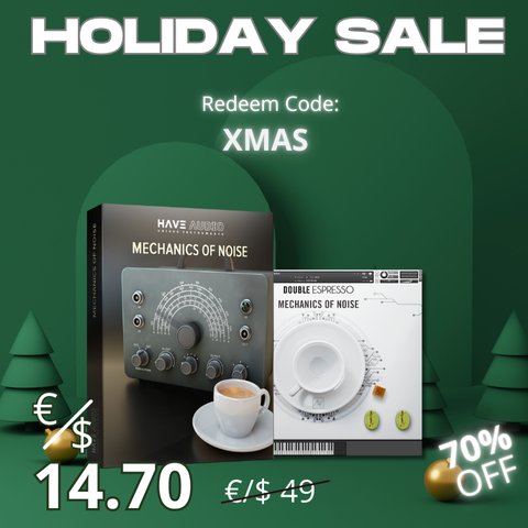Xmas promotional graphic for Mechanics of Noise Bundle instrument with a discount code and 70% price reduction. Redeem Code: XMAS