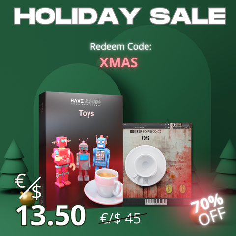 Xmas promotional graphic for Toys Bundle instrument with a discount code and 70% price reduction. Redeem Code: XMAS