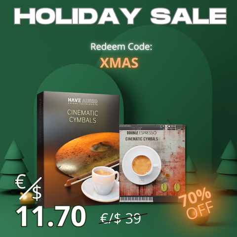 Xmas promotional graphic for Cinematic Cymbals Bundle instrument with a discount code and 70% price reduction. Redeem Code: XMAS