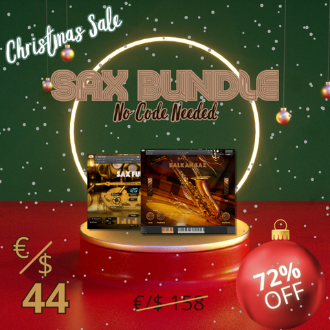 Advertisement image for the SAX BUNDLE, featuring a digital product display with a saxophone on a circular platform, surrounded by Christmas-themed decorations, with a price tag and a '72% OFF' badge.