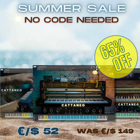 Promotional graphic for Cattaneo software with a piano image, summer sale text, and discount offer.