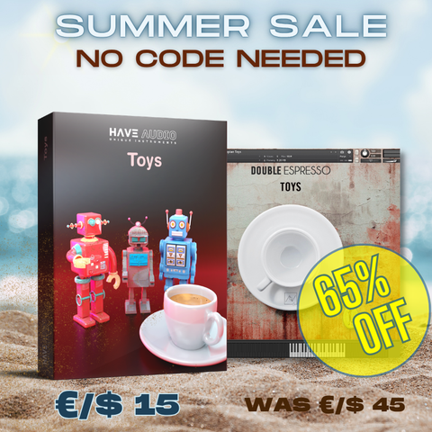 Promotional graphic for TOYS,  showing product box nd UI with large text reading 'SUMMER SALE NO CODE NEEDED' and a yellow '65% OFF' badge.