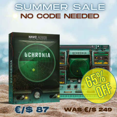 Promotional graphic for a summer sale showing Uchronia software box and UI, with large text reading 'SUMMER SALE', 'NO CODE NEEDED', and a yellow '65% OFF' badge.