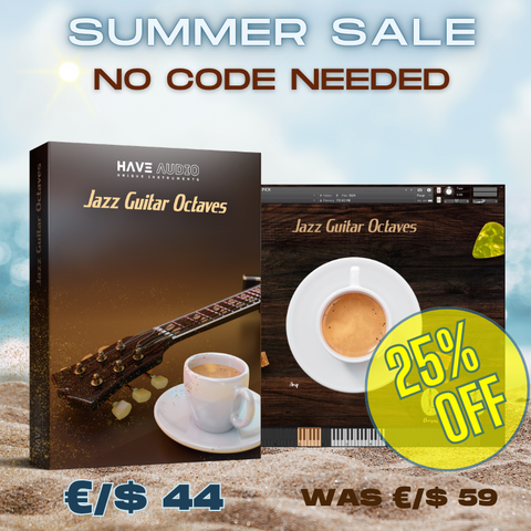 Promotional image for HAVE Audio Jazz Guitar Octaves software with a 25% off discount and a coffee cup and guitar image on the packaging.
