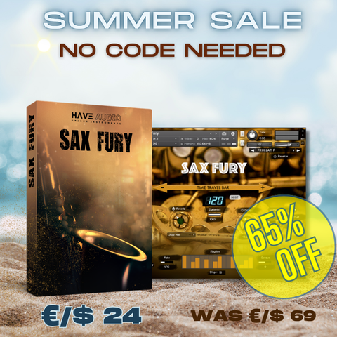 Promotional Summer Sale image forSax Fury, showing product box nd UI with large text reading 'SUMMER SALE NO CODE NEEDED' and a yellow '65% OFF' badge.