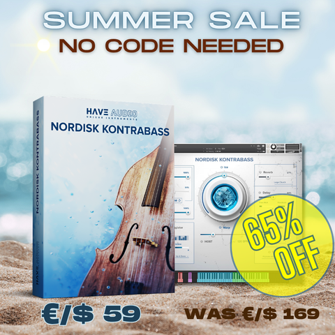Promotional Summer Sale image for Nordisk Kontrabass, showing product box nd UI with large text reading 'SUMMER SALE NO CODE NEEDED' and a yellow '65% OFF' badge.