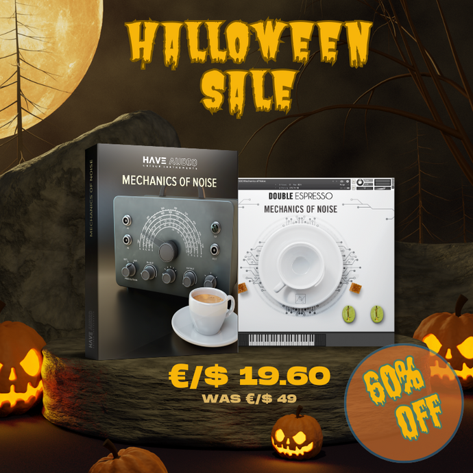 Mechanics of Noise instrument on a Halloween-style background