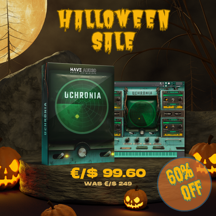 Halloween sale promotion for Uchronia software with pumpkins and a full moon in the background.