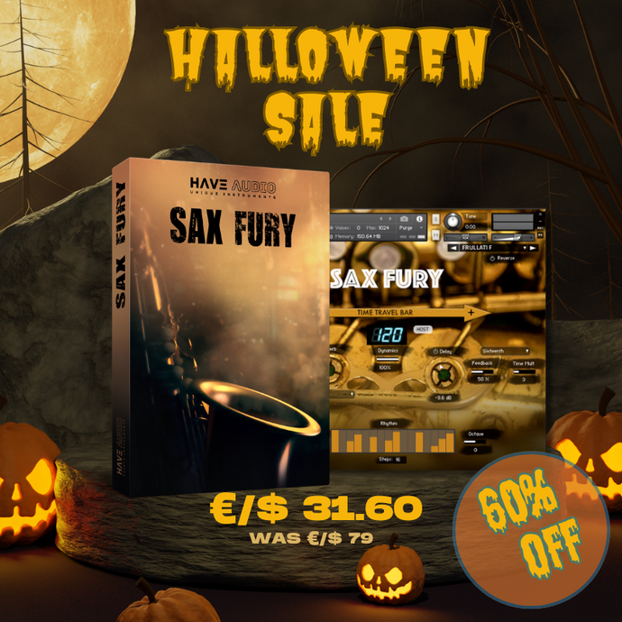 Sax Fury Instrument with Halloween-themed background and pumpkins.