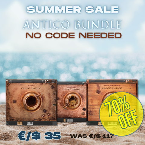 Promotional graphic for the 'Summer Sale Antico Bundle' showing the 3 instruments on a beach-like background with text reading 'No Code Needed', '€/$ 35', 'Was €/$ 117', and a yellow '70% Off' badge.