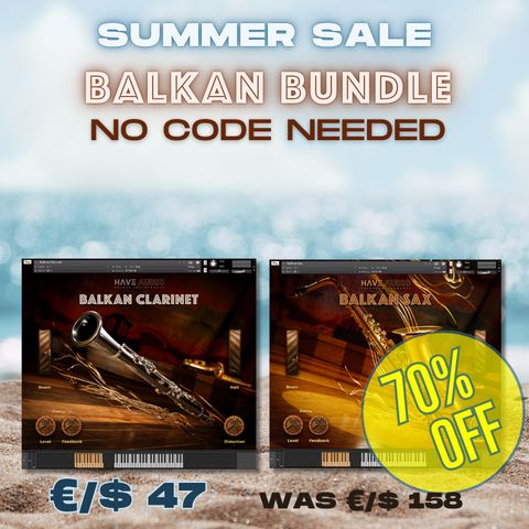 Promotional graphic for a summer sale 'Balkan Bundle' with two software product covers shown side by side: 'Balkan Clarinet' and 'Balkan Sax'. Large text reads 'SUMMER SALE', 'BALKAN BUNDLE', 'NO CODE NEEDED', and a yellow '70% OFF' badge.