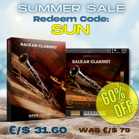 Promotional graphic for Balkan Clarinet  with a red and brown illustrated box cover, large text reading 'SUMMER SALE Redeem Code: SUN' and '60% OFF', plus pricing in euros and dollars on a light blue sandy background.