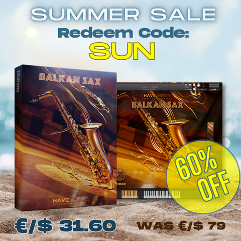 Promotional graphic for a summer sale redeem code 'SUN' showing product box and UI for 'Balkan Sax' on a beach-like background with text overlays 'SUMMER SALE', 'Redeem Code: SUN', and a yellow '60% OFF' badge.