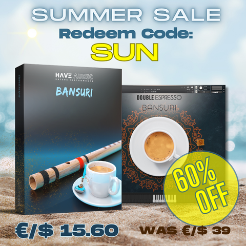 Promotional graphic for Bansuri showing product box and UI on a beach-like background with large text including 'SUMMER SALE', 'Redeem Code: SUN', '60% OFF', and pricing.