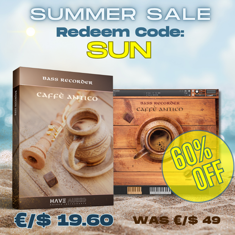 Promotional graphic for the Bass Recorder sample library (Antico series) showing text 60% OFF - Redeem code: SUN