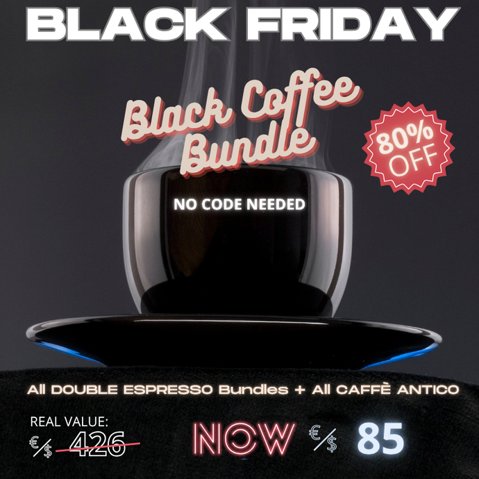 Black Friday coffee bundle advertisement with a coffee cup and discount details on a dark background. €/$ 85. No Code required. 