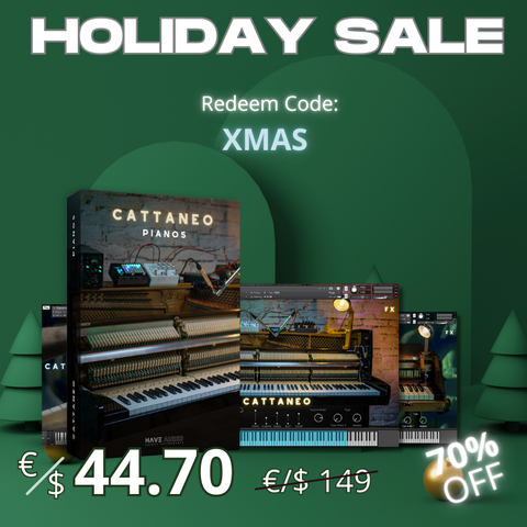 Promotional graphic for Cattaneo Pianos bundle with Holiday Sale text and 70% discount offer. Redeem Code: XMAS