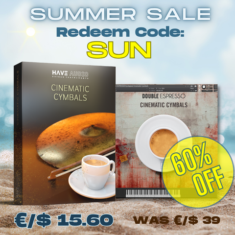 Promotional graphic for DOUBLE ESPRESSO CINEMATIC Cymbals, showing product box nd UI with a large yellow '60% OFF' badge, pricing text, and a light blue sky background.
