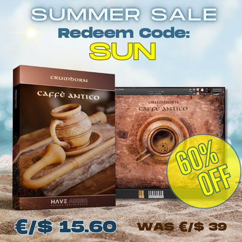 Promotional image for Summer Sale: Crumhorn sample library. It says 60% OFF - Redeem code: SUN