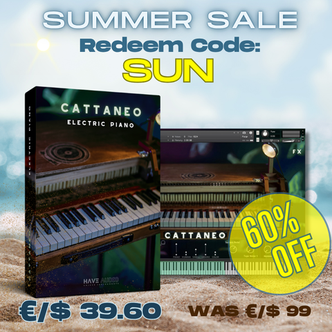 Promotional graphic for a summer sale redeem code 'SUN' showing the CATTANEO Electric Piano software package and interface on a beach-like background with large sale text and a yellow '60% OFF' badge.