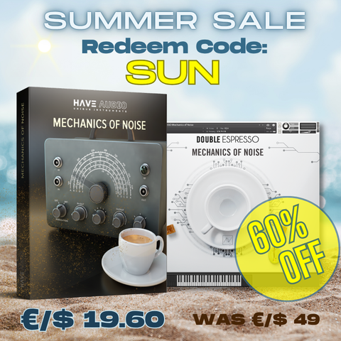 Promotional graphic for 'Mechanics of Noise' showing product box and UI with large text reading 'SUMMER SALE', 'Redem Code: SUN', '60% OFF', and pricing in euros and dollars.