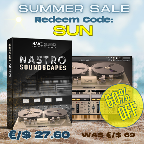 Promotional graphic for Nastro Soundscapes featuring product box, a tape reel interface screenshot, sale text reading 'Summer Sale Redeem Code: SUN,' a yellow '60% Off' badge, and pricing in euros and dollars on a light blue sandy background.
