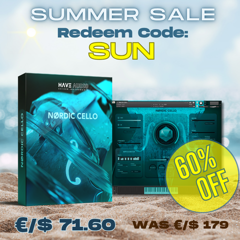 Promotional graphic for Nordic Cello, showing the product box and software interface against a beach background with text reading 'SUMMER SALE', 'Redem Code: SUN', and '60% OFF'.