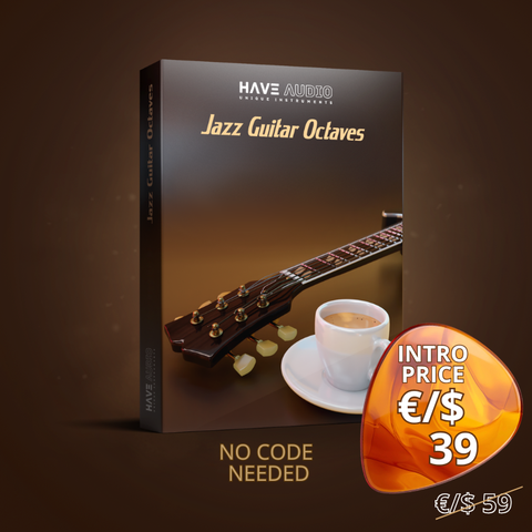 HAVE AUDIO Jazz Guitar Octaves instrument box with a guitar, cup of coffee, and promotional price tag on a brown background.