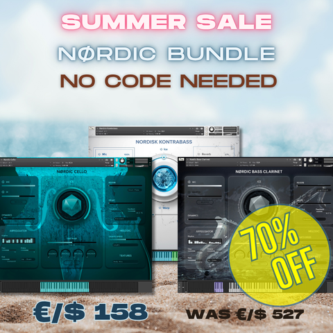 Promotional graphic for 'Nordic Bundle' including three Kontakt instruments (Nordic Cello, Nordisk Kontrabass, and Nordic Bass Clarinet) displayed against a sky and sand background, featuring sale text and a yellow '70% OFF' badge.